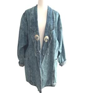 Vtg 80s acid wash Dakota Sport long denim blazer Made in USA 2X W 100% cotton